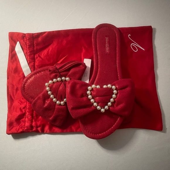 Victoria's Secret Shoes - Victoria's-Secret Slippers Large (9-10) Red Shimmer Bow Pearl Heart Slides New